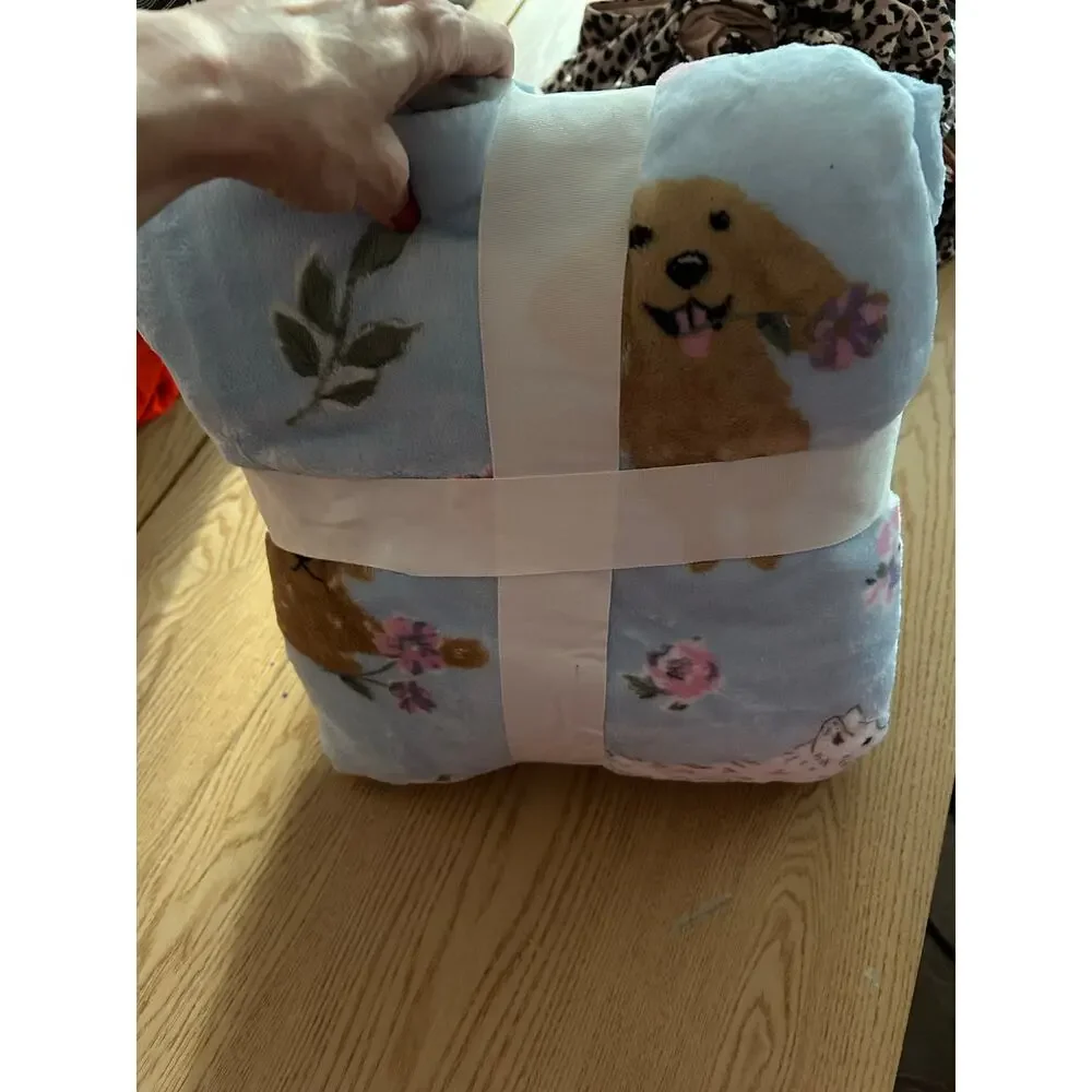 New Members Mark Springtime Dogs Velvet Plush Throw Blanket Baby Blue 60”x70”